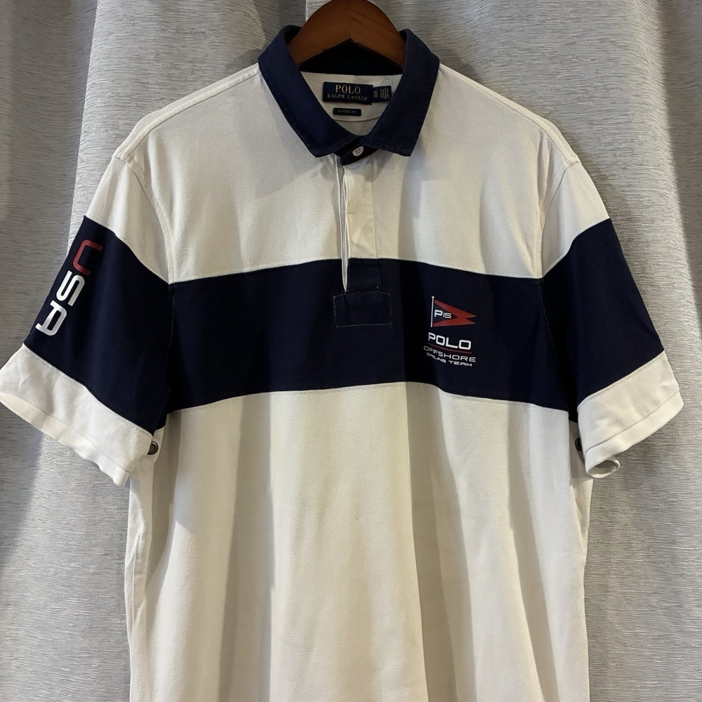 Polo Ralph Lauren Polo Shirt Mens XL White Blue P15 Offshore Sailing USA Flag - Picture 3 of 6
